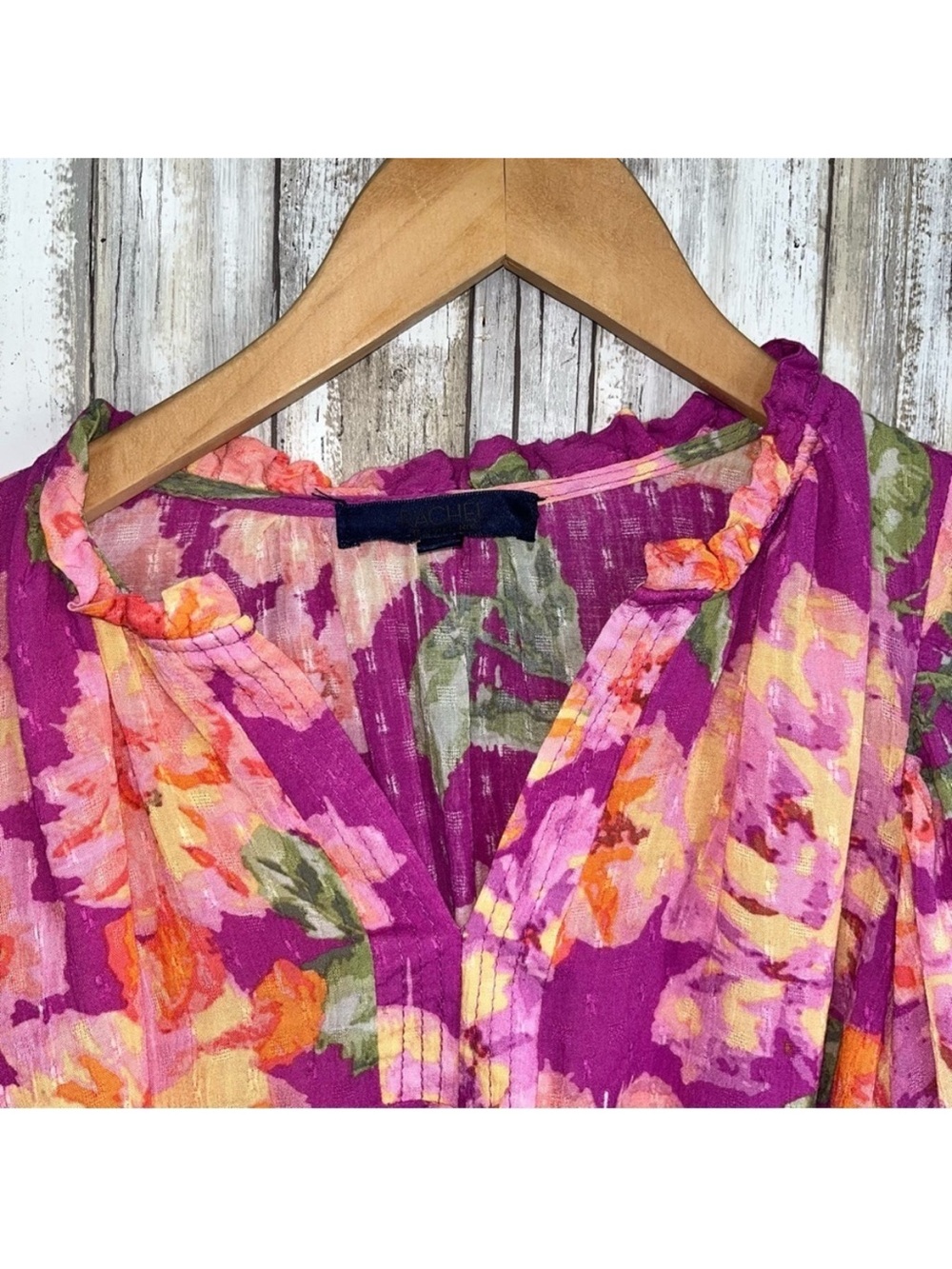 Rachel Roy Floral Blouse Medium Pink Orange Puff Sleeve Boho Top Women - Picture 4 of 5